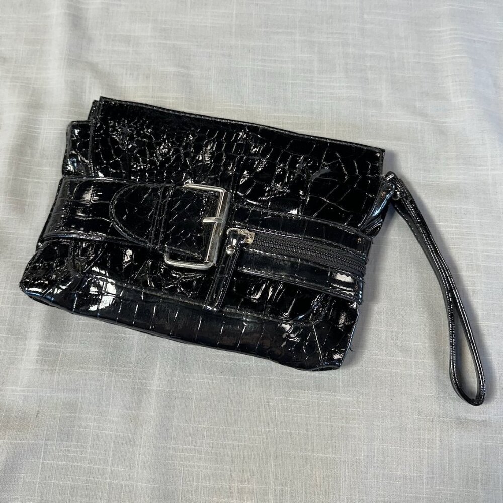Giannini Black Faux Croc Leather Wristlet